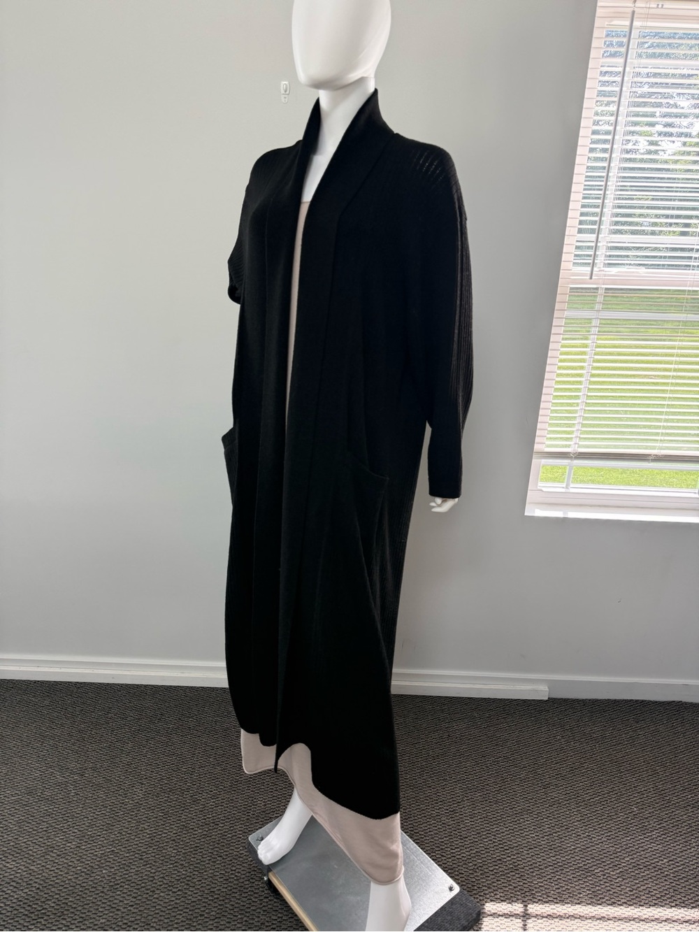 Luxury Wool Black Ribbed Open-Front Longline Cardigan Universal Size - Picture 12 of 15